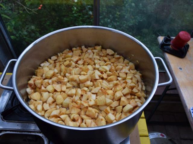 Wir kochen Apfelmarmelade In einem großen Topf, der auf einer Gasflamme steht, werden Apfelstückchen in Wasser gekocht